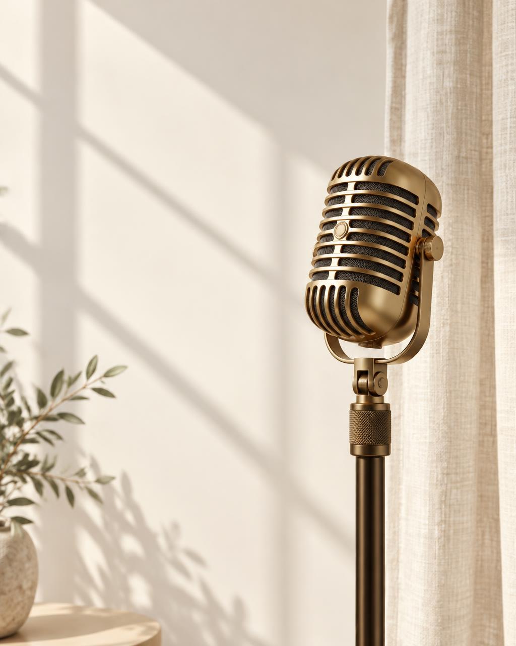 A gold microphone in a sunlit studio